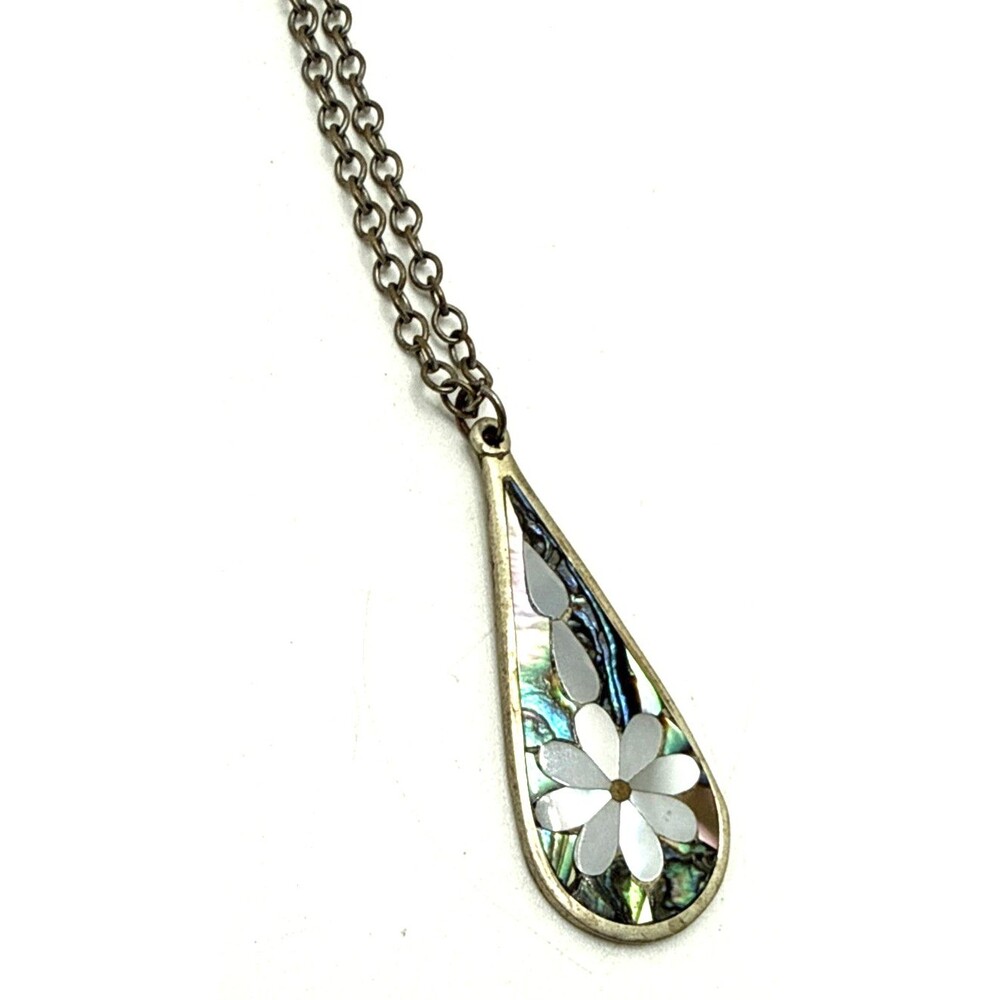 Vintage Floral Alpaca Mexico Abalone Mother of Pearl Inlay Pendant Necklace 24"